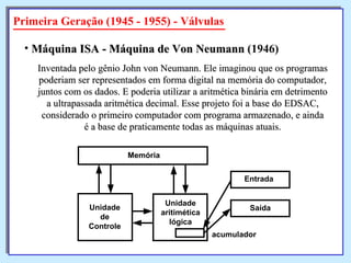Primeira Geração (1945 - 1955) - Válvulas Inventada pelo gênio John von Neumann. Ele imaginou que os programas poderiam ser representados em forma digital na memória do computador, juntos com os dados. E poderia utilizar a aritmética binária em detrimento a ultrapassada aritmética decimal. Esse projeto foi a base do EDSAC, considerado o primeiro computador com programa armazenado, e ainda é a base de praticamente todas as máquinas atuais. Máquina ISA - Máquina de Von Neumann  (1946)   