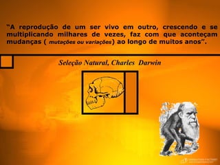 Seleção Natural, Charles Darwin
“A reprodução de um ser vivo em outro, crescendo e se
multiplicando milhares de vezes, faz com que aconteçam
mudanças ( mutações ou variações) ao longo de muitos anos”.
 