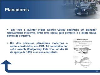 1515
Planadores
 Em 1799 o inventor inglês George Cayley desenhou um planador
relativamente moderno. Tinha uma cauda para controle, e o piloto ficava
dentro da aeronave.
 Um dos primeiros planadores modernos a
serem construidos, nos EUA, foi construído por
John Joseph Montgomery. Este voou no dia 28
de agosto de 1883, num voo controlado.
 