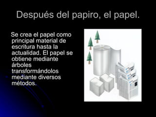 Después del papiro, el papel. Se crea el papel como principal material de escritura hasta la actualidad. El papel se obtiene mediante árboles transformándolos mediante diversos métodos.  