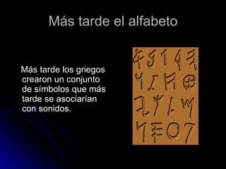 Más tarde el alfabeto Más tarde los griegos crearon un conjunto de símbolos que más tarde se asociarían con sonidos. 