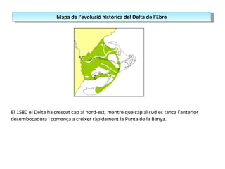 El 1580 el Delta ha crescut cap al nord-est, mentre que cap al sud es tanca l'anterior desembocadura i comença a créixer ràpidament la Punta de la Banya. Mapa de l’evolució històrica del Delta de l’Ebre 