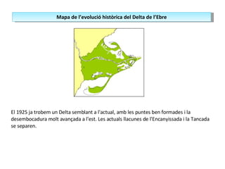 El 1925 ja trobem un Delta semblant a l'actual, amb les puntes ben formades i la desembocadura molt avançada a l'est. Les actuals llacunes de l'Encanyissada i la Tancada se separen. Mapa de l’evolució històrica del Delta de l’Ebre 