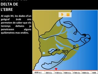 EVOLUCIÓ DEL DELTA DE L’EBRE Al segle XII, les dades d’un geògraf àrab ens permeten de saber que els terrenys deltaics ja penetraven alguns quilòmetres mas endins. 