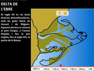 EVOLUCIÓ DEL DELTA DE L’EBRE Al segle XV es riu tenia diverses desembocadures, amb les goles Nord, de Llevant i de Migjorn. Aquesta darrera se situava al port Fangós, a l’actual Platjola i fou la que originà, fins al segle XVI, la punta de la Banya. 