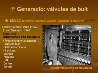 1ª Generació: vàlvules de buit EDVAC   (Electronic   Discrete Variable   Automatic   Computer) Eckert-Mauchly-von Neumann Primer informe sobre EDVAC: J. von Neumann. 1945 Bases de la Arquitectura von Neumann -  Programa emmagatzemat - Tubs de buit - Aritmètica binària - 5 unitats: Entrada Memòria UAL Control Sortida 