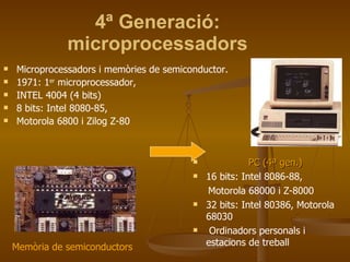 4ª Generació: microprocessadors PC (4ª gen.) 16 bits: Intel 8086-88, Motorola 68000 i Z-8000 32 bits: Intel 80386, Motorola 68030 Ordinadors personals i estacions de treball Microprocessadors i memòries de semiconductor. 1971: 1 er  microprocessador, INTEL 4004 (4 bits) 8 bits: Intel 8080-85, Motorola 6800 i Zilog Z-80  Memòria de semiconductors 