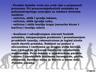 • Poreklo ljudske vrste jos uvek nije u potpunosti
prouceno. Pri proucavanjufosilnih ostataka za
paleoantropologe znacajne su sledece bioloske
osobine:
• velicina, oblik I gradja lobane,
• velicina, oblik igradja zuba,
• velicina I oblik kostiju trupa (narocito kicmr I
karlice) I kostiju udova
• Analizom I odredjivanjem starosti fosilnih
ostataka, iskopavanjem predmeta I pronalazenjem
prvobitnih naselja, rekonstruisan je izgled zivota
nasih davnih predaka. Dobijeni su podaci o
slicnostima I razlikama sa drugim zivim bicima,
kao I dokazi da je covek najslicniji covekolikim
majmunima. Prve dokaze o zajednickom poreklu
coveka I covekolikih majmuna (orangutan, gorila,
simpanza, bonobo) izneo je Darvin u svom delu
Poreklo coveka.
 