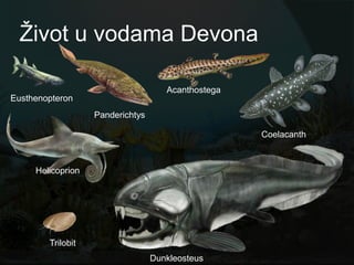 Ţivot u vodama Devona

                                     Acanthostega
Eusthenopteron
                   Panderichtys

                                                    Coelacanth



     Helicoprion




        Trilobit
                                  Dunkleosteus
 