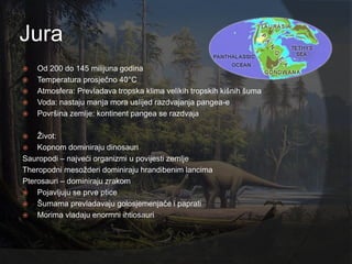 Jura
   Od 200 do 145 milijuna godina
   Temperatura prosječno 40°C
   Atmosfera: Prevladava tropska klima velikih tropskih kišnih šuma
   Voda: nastaju manja mora uslijed razdvajanja pangea-e
   Površina zemlje: kontinent pangea se razdvaja

   Ţivot:
 Kopnom dominiraju dinosauri
Sauropodi – najveći organizmi u povijesti zemlje
Theropodni mesoţderi dominiraju hrandibenim lancima
Pterosauri – dominiraju zrakom
 Pojavljuju se prve ptice
 Šumama prevladavaju golosjemenjače i paprati
 Morima vladaju enormni ihtiosauri
 