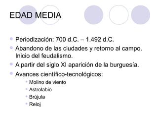 EDAD MEDIA

 Periodización:   700 d.C. – 1.492 d.C.
 Abandono de las ciudades y retorno al campo.
  Inicio del feudalismo.
 A partir del siglo XI aparición de la burguesía.
 Avances   científico-tecnológicos:
      Molino  de viento
      Astrolabio

      Brújula

      Reloj
 