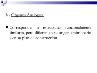 b.- Órganos Análogos:

   Corresponden a estructuras funcionalmente
    similares, pero difieren en su origen embrionario
    y en su plan de construcción.
 