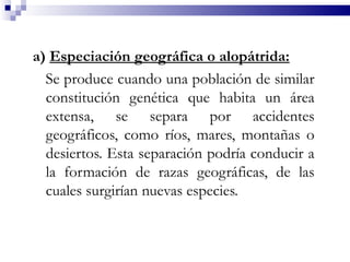 a) Especiación geográfica o alopátrida:
  Se produce cuando una población de similar
  constitución genética que habita un área
  extensa, se separa por accidentes
  geográficos, como ríos, mares, montañas o
  desiertos. Esta separación podría conducir a
  la formación de razas geográficas, de las
  cuales surgirían nuevas especies.
 