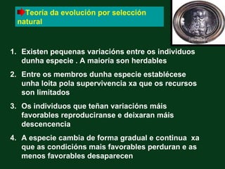 Teoría da evolución por selección
 natural


1. Existen pequenas variacións entre os individuos
   dunha especie . A maioría son herdables
2. Entre os membros dunha especie establécese
   unha loita pola supervivencia xa que os recursos
   son limitados
3. Os individuos que teñan variacións máis
   favorables reproduciranse e deixaran máis
   descencencia
4. A especie cambia de forma gradual e continua xa
   que as condicións mais favorables perduran e as
   menos favorables desaparecen
 