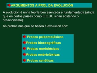 ARGUMENTOS A PROL DA EVOLUCIÓN

A evolución é unha teoría ben asentada e fundamentada (aínda
que en certos países como E.E.UU sigan sostendo o
creacionismo)
As probas nas que se basea a evolución son:


               Probas paleontolóxicas
               Probas bioxeográficas
               Probas morfolóxicas
               Probas embriolóxicas
               Probas xenéticas
 