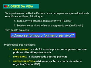 A ORIXE DA VIDA

Os experimentos de Redi e Pasteur desterraron para sempre a doutrina da
xeración espontánea, Admitir que …
        1. Todo ser vivo procede doutro swer vivo (Pasteur)
        2. Tódolos seres vivos teñen un antepasado común (Darwin)
Pero se isto era certo ….

       ¿Cómo se formou o “primeiro ser vivo”?

Preséntanse tres hipóteses:
   ۩    CREACIONISMO :a vida foi creada por un ser supremo que non
        pode ser discutido pola ciencia
   ۩    PANSPERMIA :   a vida procede doutros planetas
   ۩    SÍNTESE PREBIÓTICA orixinouse   na Terra a partir de materia
        orgánica(Oparin 1930)
 