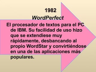 WordPerfect   El procesador de textos para el PC de IBM. Su facilidad de uso hizo que se extendiese muy rápidamente, desbancando al propio WordStar y convirtiéndose en una de las aplicaciones más populares. 