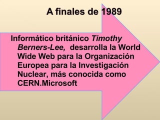 Informático británico  Timothy Berners-Lee,  desarrolla la World Wide Web para la Organización Europea para la Investigación Nuclear, más conocida como CERN.Microsoft 