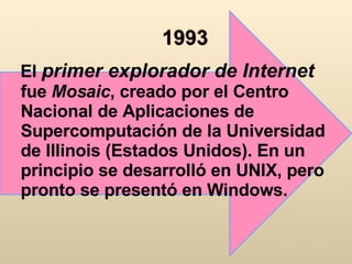 El  primer explorador de Internet  fue  Mosaic , creado por el Centro Nacional de Aplicaciones de Supercomputación de la Universidad de Illinois (Estados Unidos). En un principio se desarrolló en UNIX, pero pronto se presentó en Windows. 