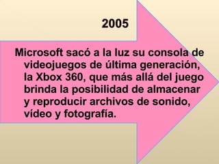 Microsoft sacó a la luz su consola de videojuegos de última generación, la Xbox 360, que más allá del juego brinda la posibilidad de almacenar y reproducir archivos de sonido, vídeo y fotografía.  