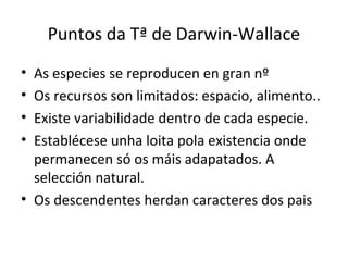 Puntos da Tª de Darwin-Wallace
• As especies se reproducen en gran nº
• Os recursos son limitados: espacio, alimento..
• Existe variabilidade dentro de cada especie.
• Establécese unha loita pola existencia onde
  permanecen só os máis adapatados. A
  selección natural.
• Os descendentes herdan caracteres dos pais
 