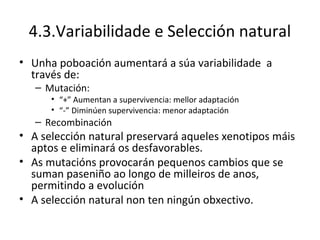 4.3.Variabilidade e Selección natural
• Unha poboación aumentará a súa variabilidade a
  través de:
   – Mutación:
      • “+” Aumentan a supervivencia: mellor adaptación
      • “-” Diminúen supervivencia: menor adaptación
   – Recombinación
• A selección natural preservará aqueles xenotipos máis
  aptos e eliminará os desfavorables.
• As mutacións provocarán pequenos cambios que se
  suman paseniño ao longo de milleiros de anos,
  permitindo a evolución
• A selección natural non ten ningún obxectivo.
 