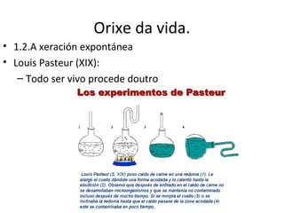 Orixe da vida.
• 1.2.A xeración expontánea
• Louis Pasteur (XIX):
   – Todo ser vivo procede doutro
 