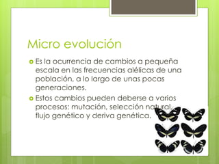 Micro evolución
 Es la ocurrencia de cambios a pequeña
escala en las frecuencias alélicas de una
población, a lo largo de unas pocas
generaciones.
 Estos cambios pueden deberse a varios
procesos: mutación, selección natural,
flujo genético y deriva genética.
 