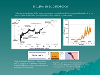 El CLIMA EN EL CENOZOICO Dado que la distribución de las masas terrestres no ha variado significativamente desde finales d...
