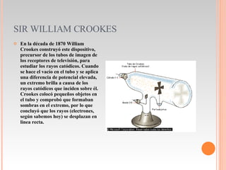 SIR WILLIAM CROOKES En la década de 1870 William Crookes construyó este dispositivo, precursor de los tubos de imagen de los receptores de televisión, para estudiar los rayos catódicos. Cuando se hace el vacío en el tubo y se aplica una diferencia de potencial elevada, un extremo brilla a causa de los rayos catódicos que inciden sobre él. Crookes colocó pequeños objetos en el tubo y comprobó que formaban sombras en el extremo, por lo que concluyó que los rayos (electrones, según sabemos hoy) se desplazan en línea recta. 
