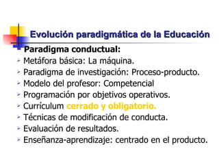 Evolución paradigmática de la Educación  ,[object Object],[object Object],[object Object],[object Object],[object Object],[object Object],[object Object],[object Object],[object Object]