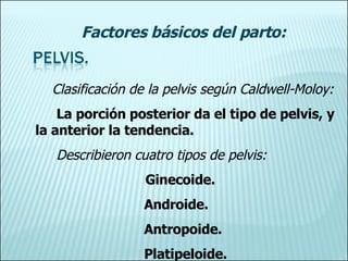 Clasificación de la pelvis según Caldwell-Moloy: La porción posterior da el tipo de pelvis, y la anterior la tendencia. Describieron cuatro tipos de pelvis: Ginecoide. Androide. Antropoide. Platipeloide. Factores básicos del parto: 