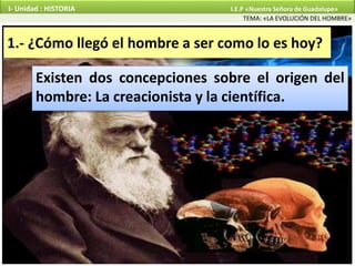 1.- ¿Cómo llegó el hombre a ser como lo es hoy?
Existen dos concepciones sobre el origen del
hombre: La creacionista y la científica.
TEMA: «LA EVOLUCIÓN DEL HOMBRE»
I- Unidad : HISTORIA I.E.P «Nuestra Señora de Guadalupe»