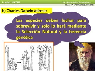 b) Charles Darwin afirma:
Las especies deben luchar para
sobrevivir y solo lo hará mediante
la Selección Natural y la herencia
genética
TEMA: «LA EVOLUCIÓN DEL HOMBRE»
I- Unidad : HISTORIA I.E.P «Nuestra Señora de Guadalupe»