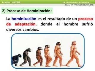 2) Proceso de Hominización:
La es el resultado de un
, donde el hombre sufrió
diversos cambios.
TEMA: «LA EVOLUCIÓN DEL HOMBRE»
I- Unidad : HISTORIA I.E.P «Nuestra Señora de Guadalupe»