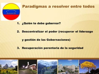 Paradigmas a resolver entre todos
1. ¿Quién te debe gobernar?
2. Descentralizar el poder (recuperar el liderazgo
y gestión de las Gobernaciones)
3. Recuperación perentoria de la seguridad
 