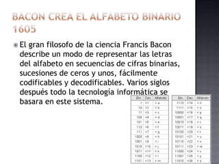  El
   gran filosofo de la ciencia Francis Bacon
 describe un modo de representar las letras
 del alfabeto en secuencias de cifras binarias,
 sucesiones de ceros y unos, fácilmente
 codificables y decodificables. Varios siglos
 después todo la tecnología informática se
 basara en este sistema.
 