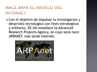  Conel objetivo de impulsar la investigacion y
 desarrollo tecnologico con fines estrategicos
 y militares, EE.UU establece la Advanced
 Research Projects Agency, en cuyo seno nace
 ARPANET, más tarde Internet.
 