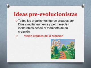 Ideas pre-evolucionistas
O Todos los organismos fueron creados por
Dios simultáneamente y permanecían
inalterables desde el momento de su
creación.
O Visión estática de la creación
 