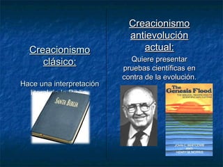 Creacionismo
clásico:
Hace una interpretación
literal de la Biblia.

Creacionismo
antievolución
actual:
Quiere presentar
pruebas científicas en
contra de la evolución.

 