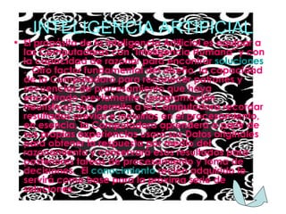 INTELIGENCIA ARTIFICIAL El propósito de la Inteligencia Artificial es equipar a las Computadoras con "Inteligencia Humana" y con la capacidad de razonar para encontrar  soluciones .  Otro factor fundamental del diseño, la capacidad de la Computadora para reconocer patrones y secuencias de procesamiento que haya encontrado previamente, (programación Heurística) que permita a la Computadora recordar resultados previos e incluirlos en el procesamiento, en esencia, la Computadora aprenderá a partir de sus propias experiencias usará sus Datos originales para obtener la respuesta por medio del razonamiento y conservará esos resultados para posteriores tareas de procesamiento y toma de decisiones.  El  conocimiento  recién adquirido le servirá como base para la próxima serie de soluciones.   