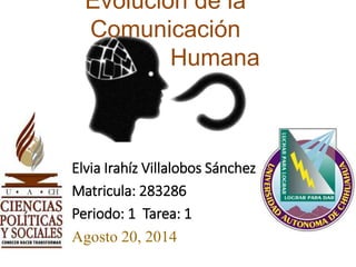 Evolución de la
Comunicación
Humana
Elvia Irahíz Villalobos Sánchez
Matricula: 283286
Periodo: 1 Tarea: 1
Agosto 20, 2014
 