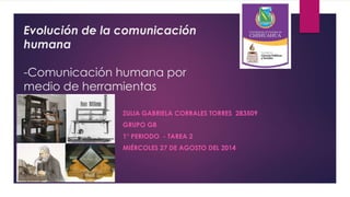 Evolución de la comunicación
humana
-Comunicación humana por
medio de herramientas
ZULIA GABRIELA CORRALES TORRES 283509
GRUPO G8
1° PERIODO - TAREA 2
MIÉRCOLES 27 DE AGOSTO DEL 2014
 