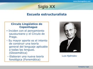 Siglo XXEscuela estructuralistaCírculo Lingüístico de Copenhague - Inciden con el pensamiento saussureano y el Círculo de Praga. - Su mayor aporte es el intento de construir una teoría general del lenguaje aplicable a todas las lenguas. (Glosemática)  - Elaboran una nueva teoría fonológica (Fonemática)www.themegallery.comCompany LogoLuis Hjelmslev