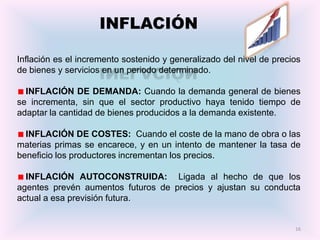 INFLACIÓN

Inflación es el incremento sostenido y generalizado del nivel de precios
de bienes y servicios en un periodo determinado.

  INFLACIÓN DE DEMANDA: Cuando la demanda general de bienes
se incrementa, sin que el sector productivo haya tenido tiempo de
adaptar la cantidad de bienes producidos a la demanda existente.

  INFLACIÓN DE COSTES: Cuando el coste de la mano de obra o las
materias primas se encarece, y en un intento de mantener la tasa de
beneficio los productores incrementan los precios.

  INFLACIÓN AUTOCONSTRUIDA: Ligada al hecho de que los
agentes prevén aumentos futuros de precios y ajustan su conducta
actual a esa previsión futura.


                                                                      16
 
