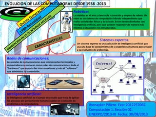 Quinta Generación
1999-Actualidad
CARACTERISTICAS
INNOVACION
EN
LA
TECNOLOGIA
APLICADA
Jhonayker Piñero. Exp: 2012257065
Computación 1. Sección 02.
UNEXPO/2013-III Fecha: 30/08/2013
Robótica:
La robótica es el arte y ciencia de la creación y empleo de robots. Un
robot es un sistema de computación híbrido independiente que
realiza actividades físicas y de cálculo. Están siendo diseñados con
inteligencia artificial, para que puedan responder de manera más
efectiva a situaciones no estructuradas.
Inteligencia artíficial:
La inteligencia artificial es el campo de estudio que trata de aplicar
los procesos del pensamiento humano usados en la solución de
problemas a la computadora.
Redes de comunicaciones:
Los canales de comunicaciones que interconectan terminales y
computadoras se conocen como redes de comunicaciones; todo el
"hardware" que soporta las interconexiones y todo el "software"
que administra la transmisión.
Sistemas expertos:
Un sistema experto es una aplicación de inteligencia artificial que
usa una base de conocimiento de la experiencia humana para ayudar
a la resolución de problemas.
EVOLUCION DE LAS COMPUTADORAS DESDE 1938 -2013
 