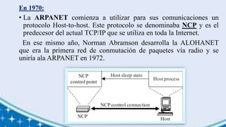 En 1970:
• La ARPANET comienza a utilizar para sus comunicaciones un
protocolo Host-to-host. Este protocolo se denominaba NCP y es el
predecesor del actual TCP/IP que se utiliza en toda la Internet.
En ese mismo año, Norman Abramson desarrolla la ALOHANET
que era la primera red de conmutación de paquetes vía radio y se
uniría ala ARPANET en 1972.
 