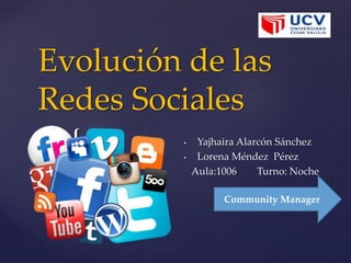 {
Evolución de las
Redes Sociales
• Yajhaira Alarcón Sánchez
• Lorena Méndez Pérez
Aula:1006 Turno: Noche
Community Manager
 