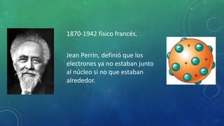 1870-1942 físico francés.
Jean Perrin, definió que los
electrones ya no estaban junto
al núcleo si no que estaban
alrededor.
 