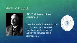 ORBITAS CIRCULARES
1871-1937 físico y químico
neozelandés.
Ernest Rutherford, determino que
los electrones orbitan en el
espacio vacío alrededor del
núcleo y lo comparó con el
sistema solar.
 